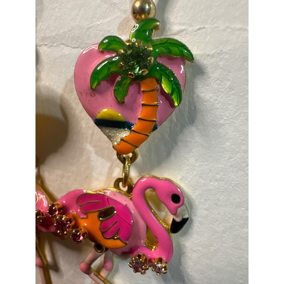 Lunch At The Ritz Pink Flamingo Heart Palm Tree Dangle Earrings Tropical Beach - Picture 2 of 4